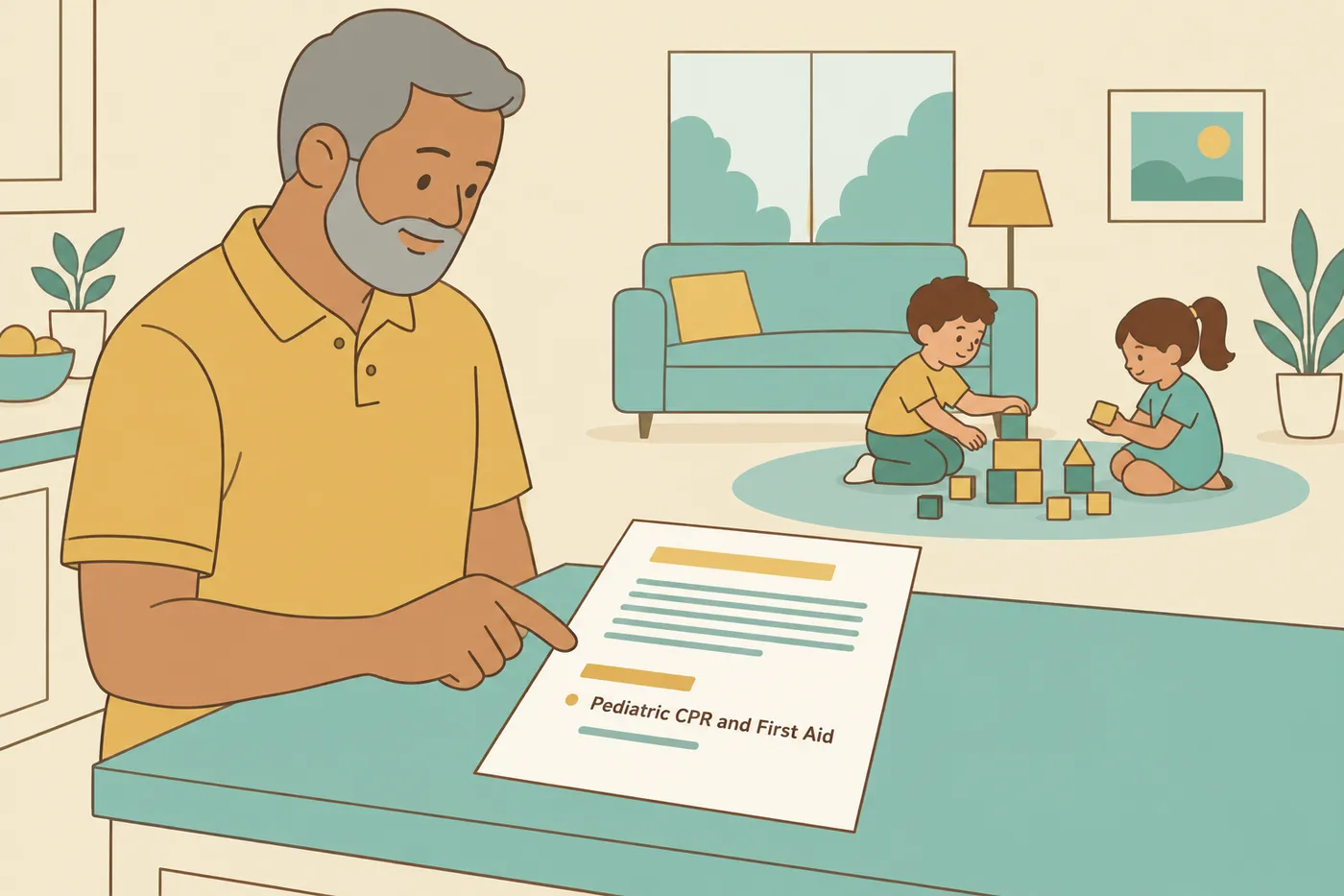 An older male nanny checks the Pediatric CPR and First Aid certification on his resume while two children play in the background.