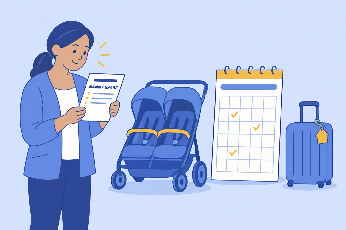 A nanny reads her resume next to a double stroller, a calendar, and a suitcase, for a section on nanny shares, part-time, and live-in roles.