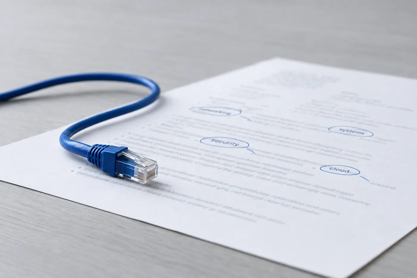 A blue Ethernet cable rests on a printed resume where key network engineering terms are circled in blue ink.