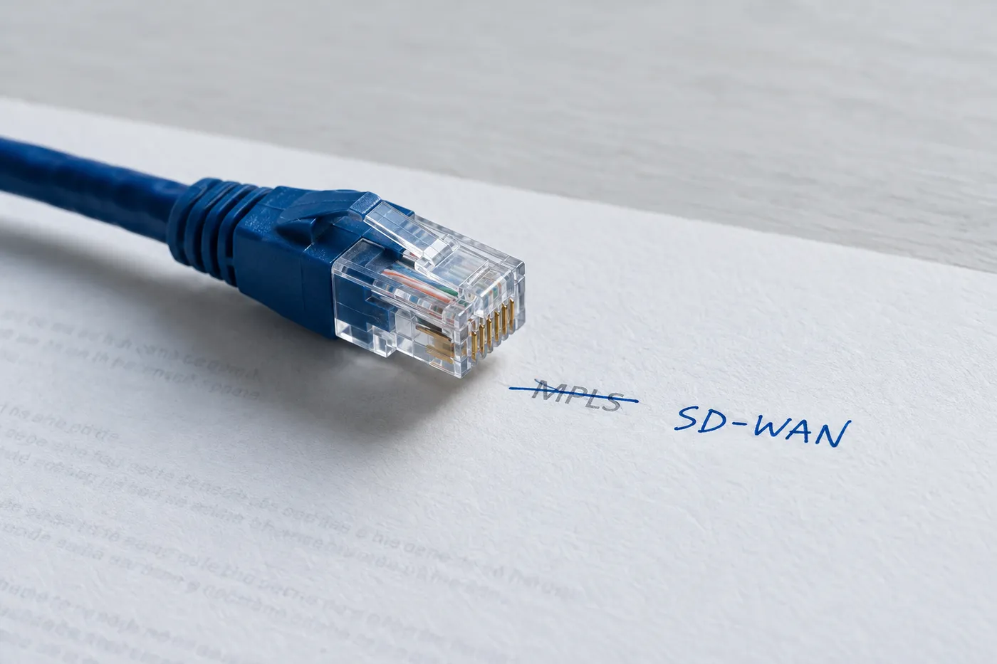 A blue Ethernet cable connector rests on a resume where a hardware skill is crossed out and "SD-WAN" is written in blue ink.