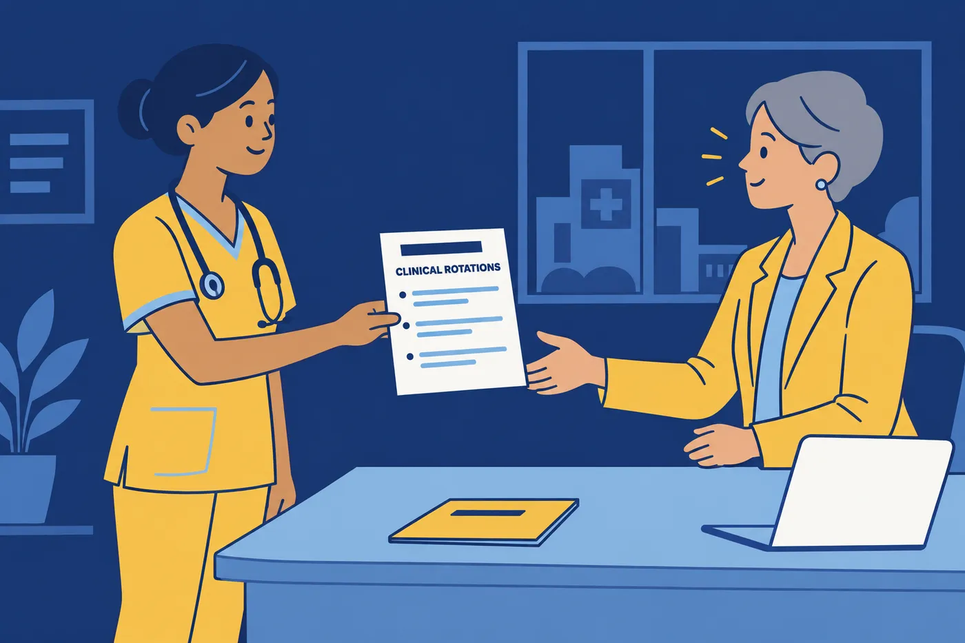 A new graduate nurse hands her resume with a prominent clinical rotations section to a hospital recruiter.