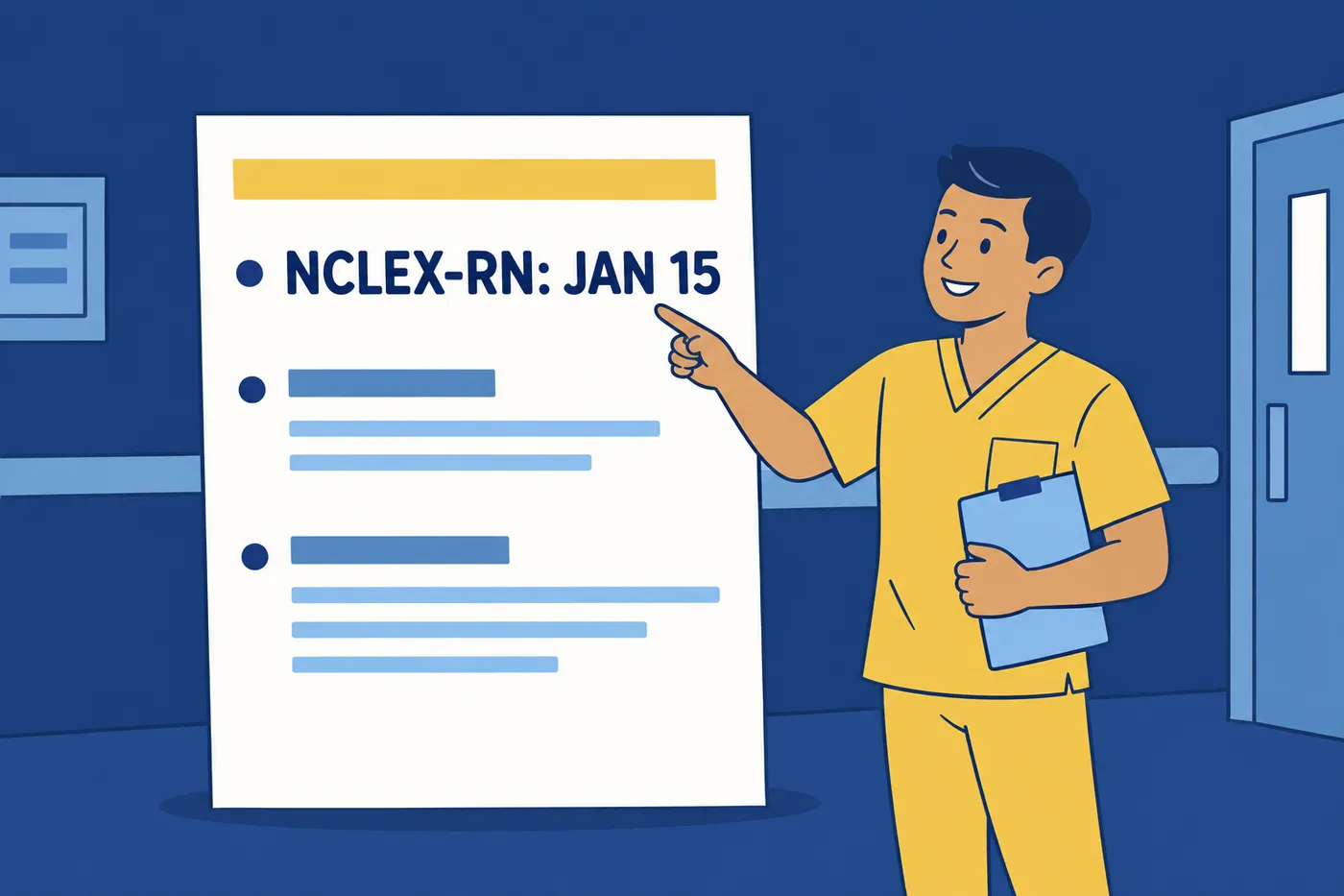 A nursing graduate points to a giant resume showing his scheduled NCLEX-RN exam date, illustrating recruiter screening priorities.