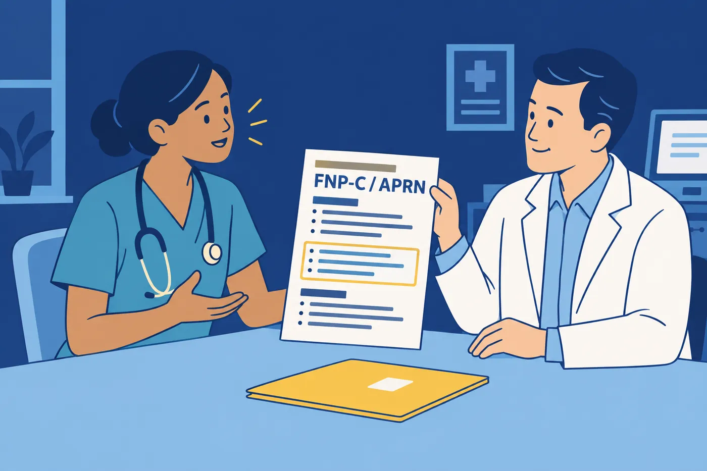A nurse practitioner candidate discusses her resume, highlighted with FNP-C credentials, with an APP director in a clinic.