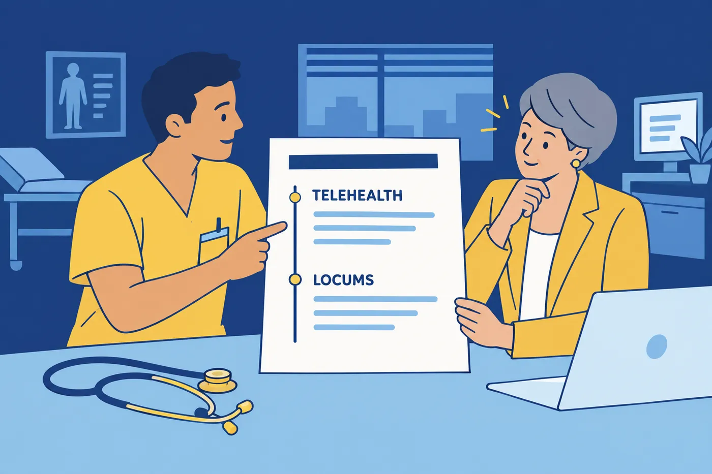 A nurse practitioner and a recruiter review a resume showing telehealth and locum roles on a single timeline.