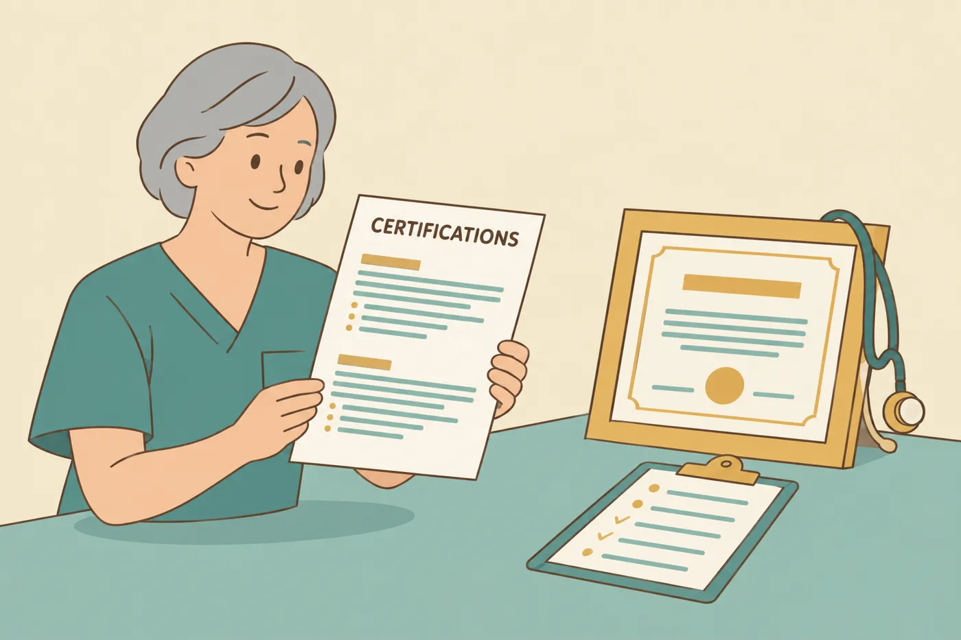 An experienced nurse holds a resume highlighting her certifications next to her framed nursing credentials.