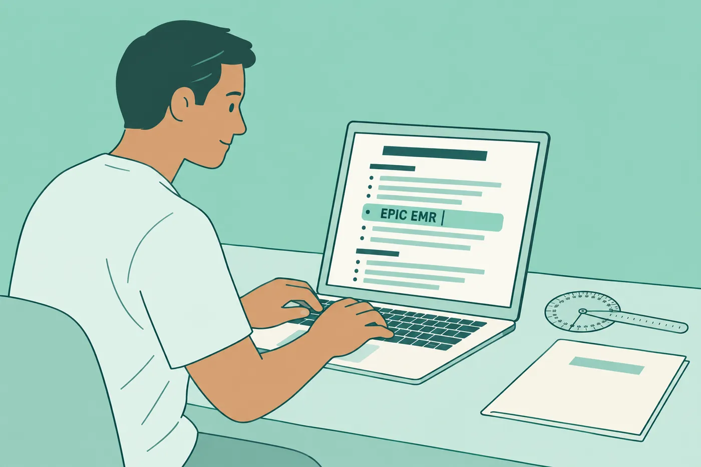 An occupational therapist in scrubs edits his resume on a laptop, highlighting Epic EMR as a key documentation system.