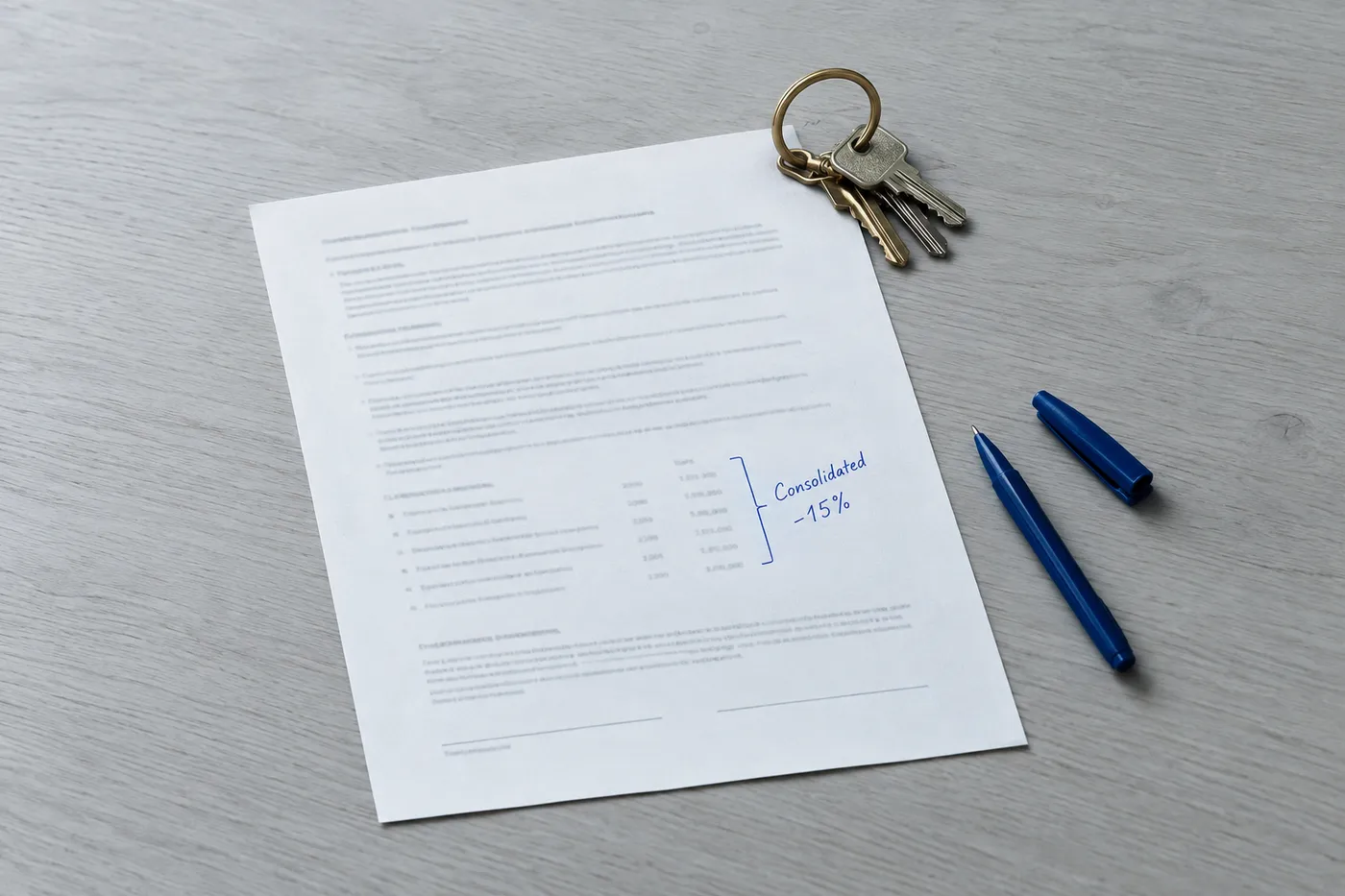 A marked-up vendor contract on a desk with a brass key ring and a handwritten note showing a fifteen percent savings.