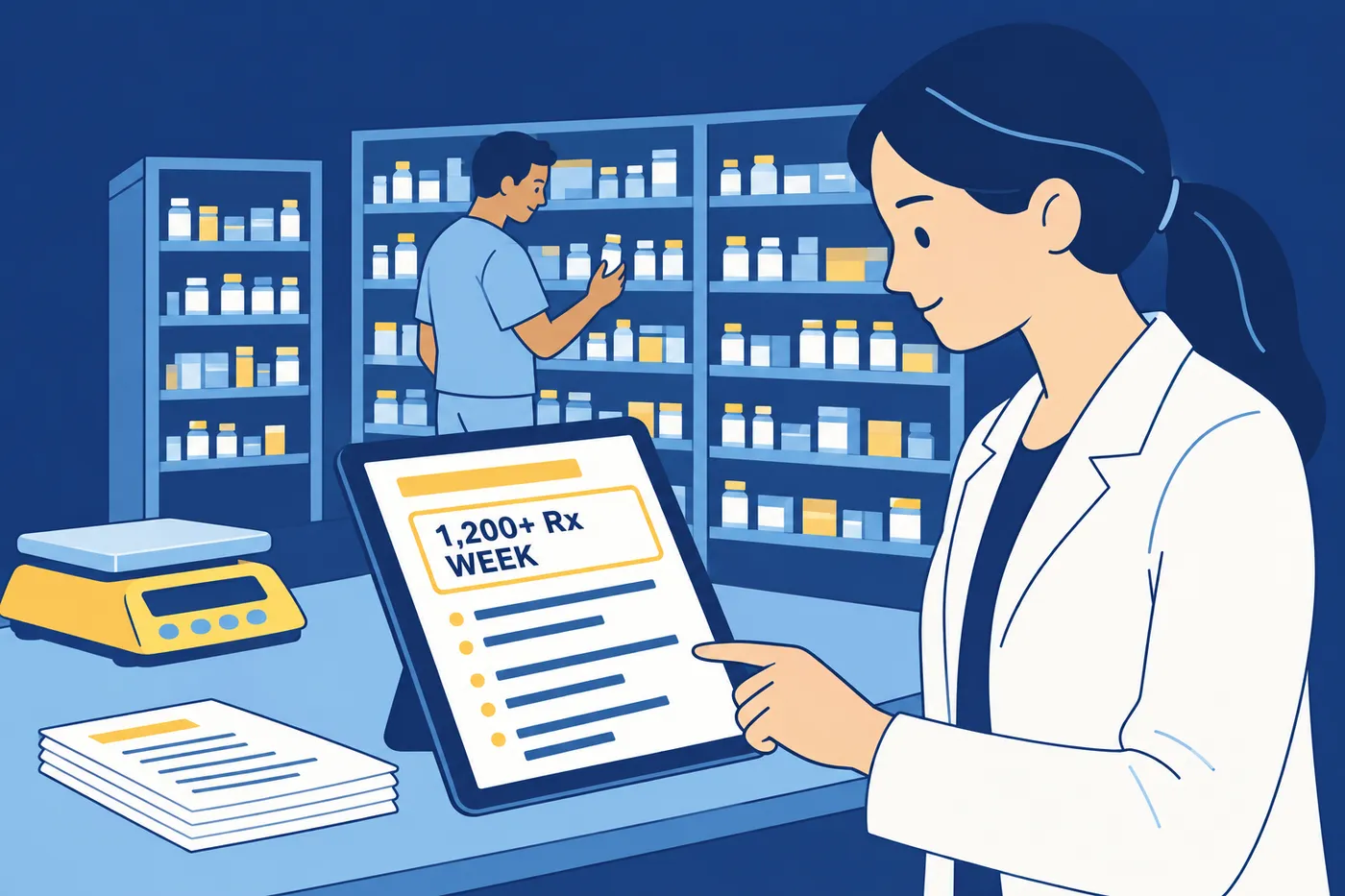 A pharmacist reviews a resume screen on her counter showing weekly prescription volume metrics, in a busy pharmacy.