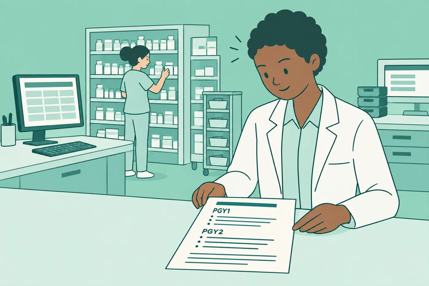 A clinical pharmacist reviews a resume featuring highlighted PGY1 and PGY2 residency sections in a hospital pharmacy.