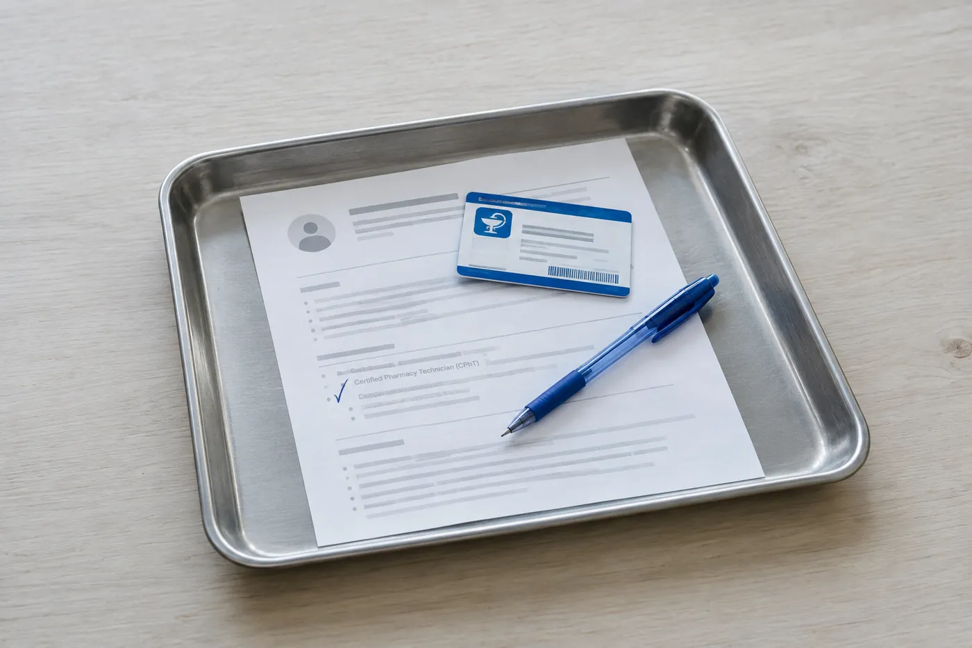 A pharmacy technician certification card rests on a printed resume on a stainless steel tray, with a blue pen nearby.