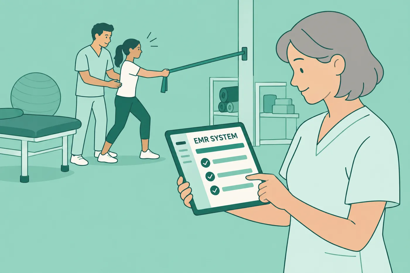 A physical therapist uses a tablet EMR system in a clinic, representing clinical documentation skills on a resume.