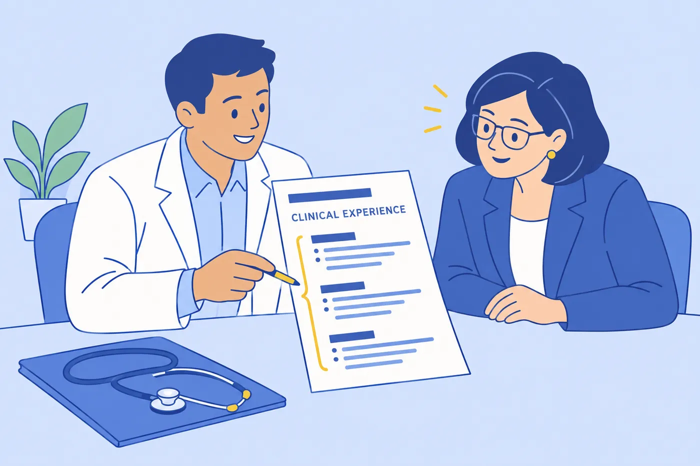 A physician assistant explains his career arc on his resume to a medical director during an interview.