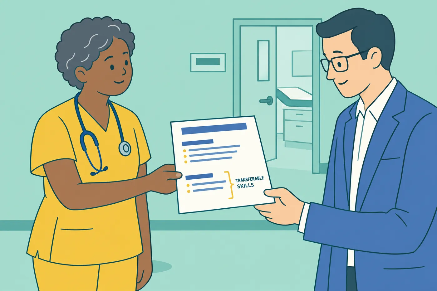 A physician assistant hands her resume highlighting transferable skills to a hiring manager, illustrating a specialty pivot.