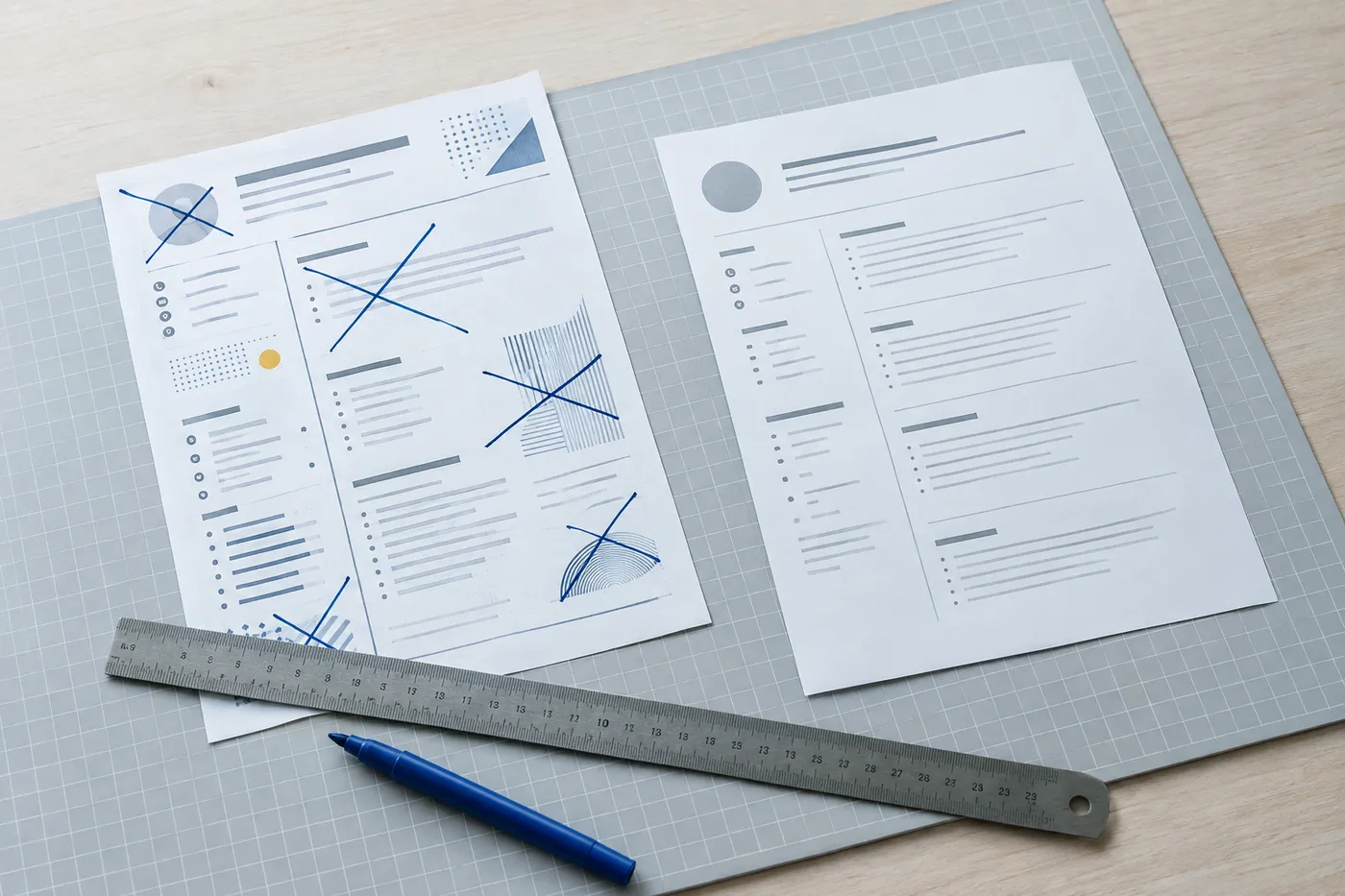 A graphic resume with its decorative layout crossed out in blue ink next to a clean, plain-text version on a wooden desk.