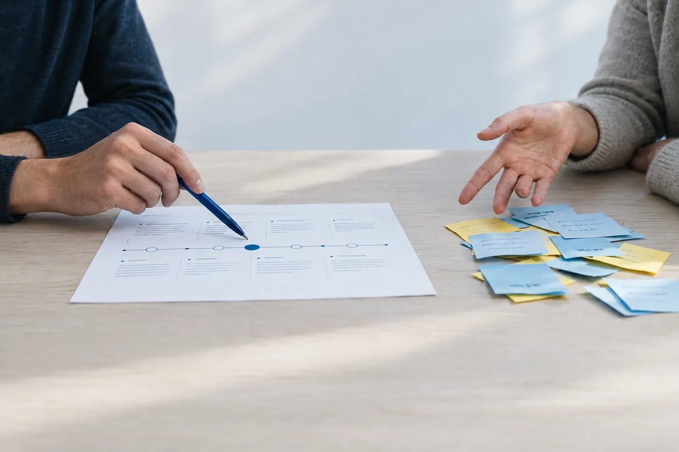 A Product Owner redirects a stakeholder's attention from a pile of chaotic notes to a prioritized roadmap document.