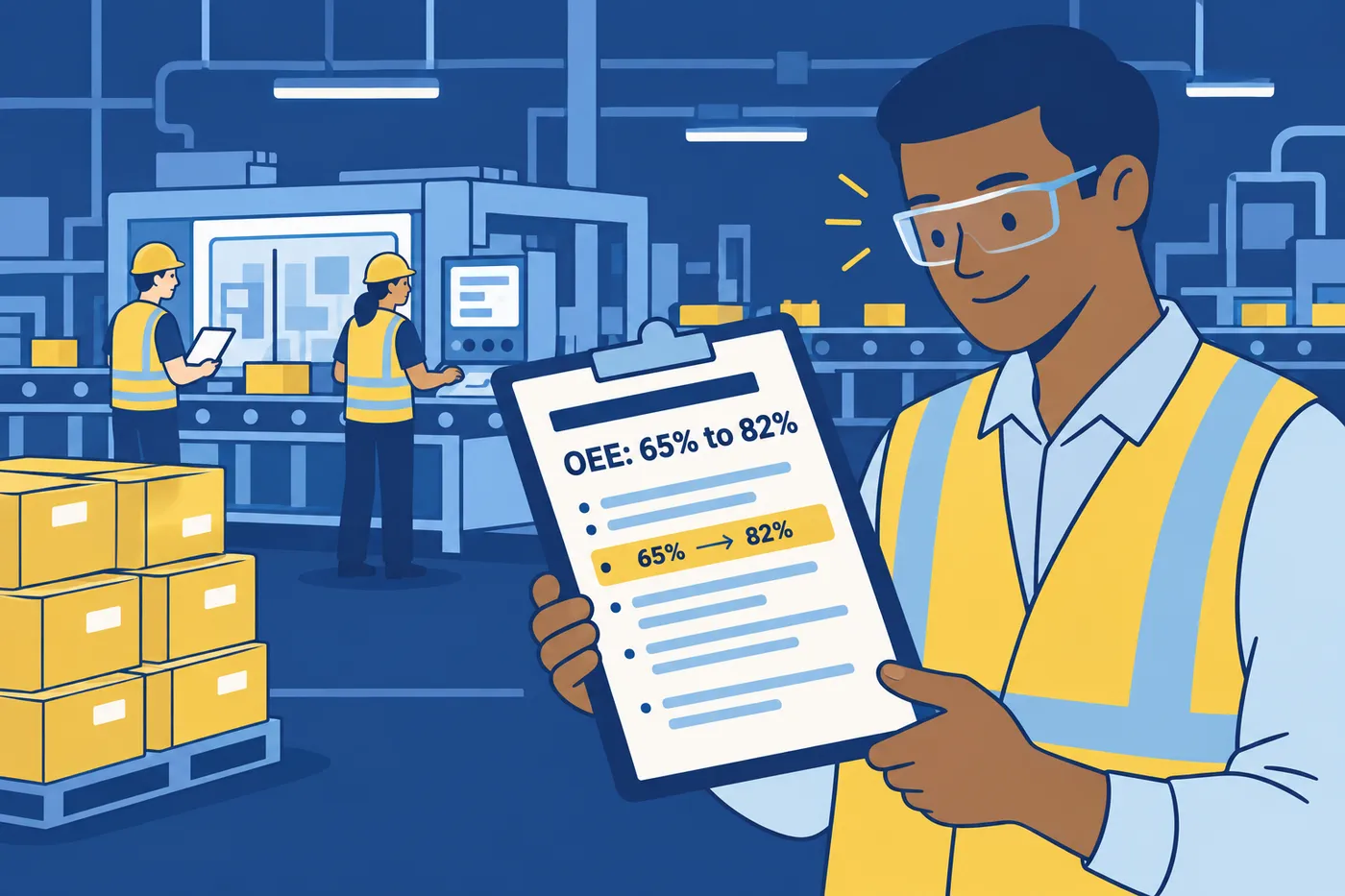 A production manager reviews a resume showing OEE improvement from 65% to 82% on a factory floor.