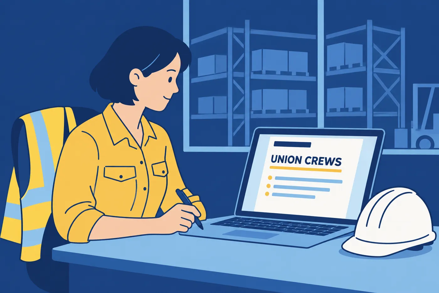A production manager reviews her resume highlighting union crew leadership on her laptop, in a plant office.