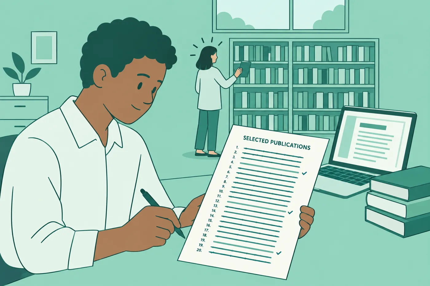 A researcher reviews a list of publications on a draft resume, crossing out most to keep only the top three.