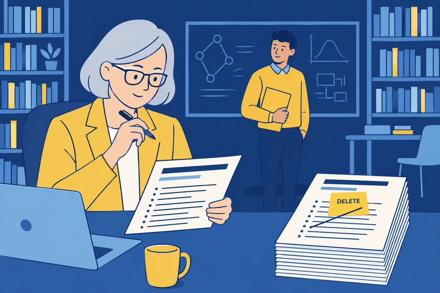 A professor in her office marks a long list of publications on her academic CV with a delete note to create an industry resume.