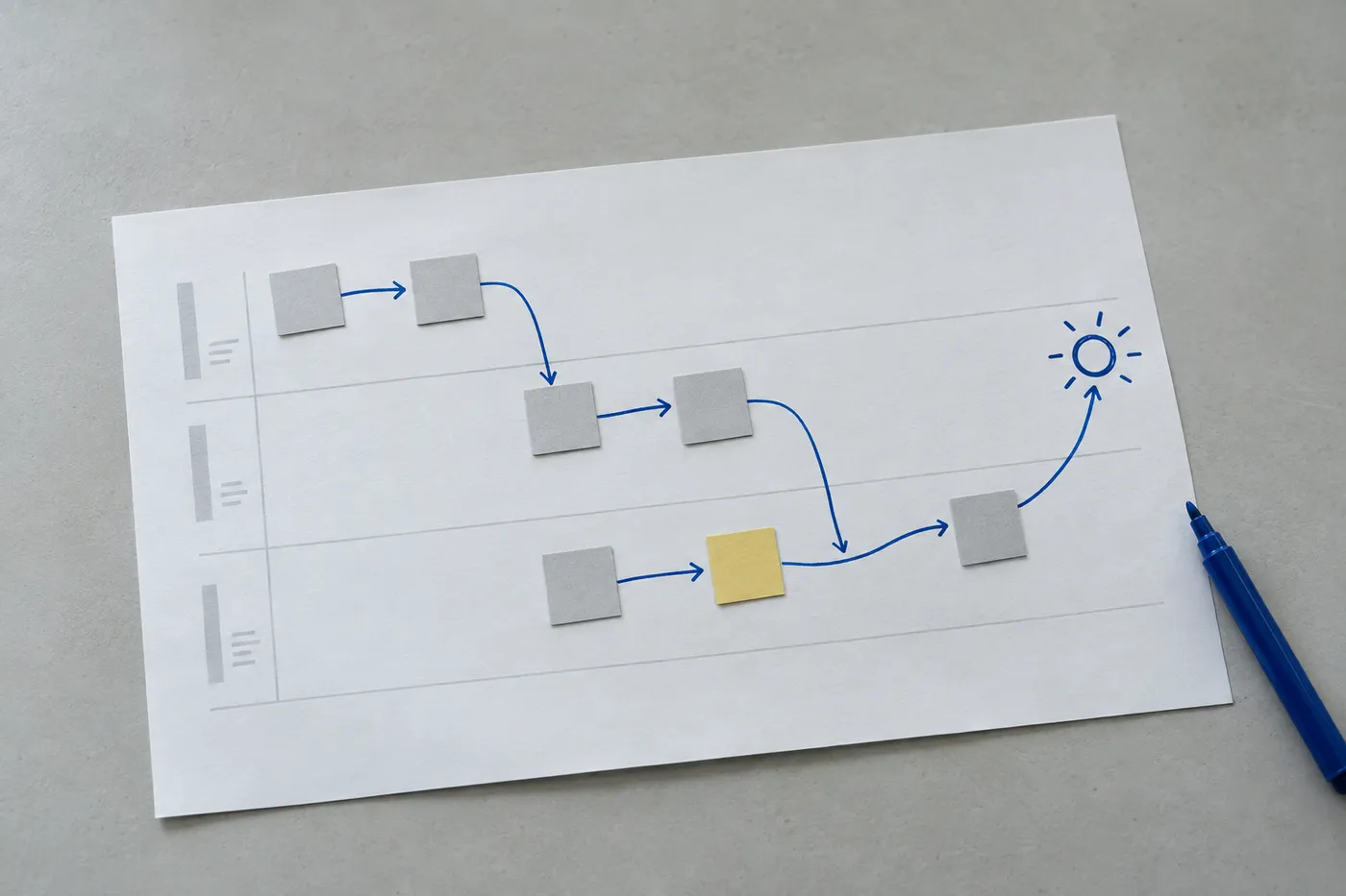 A program roadmap on a desk with a hand-drawn blue ink line mapping dependencies across different team swimlanes.