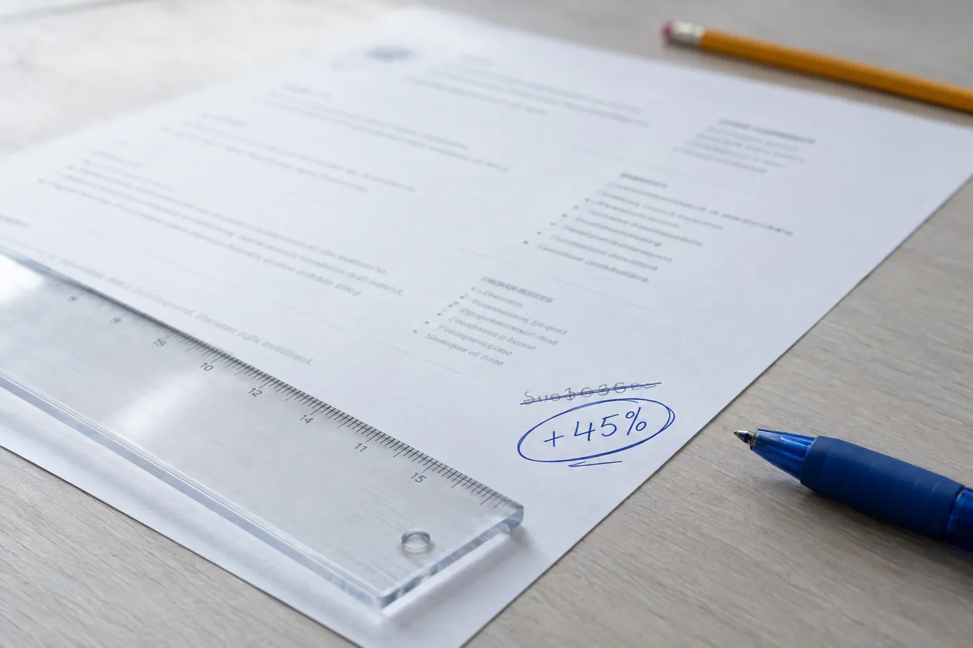 A clear ruler and blue pen on a printed resume beside a handwritten +45% metric, illustrating quantifiable coding results.