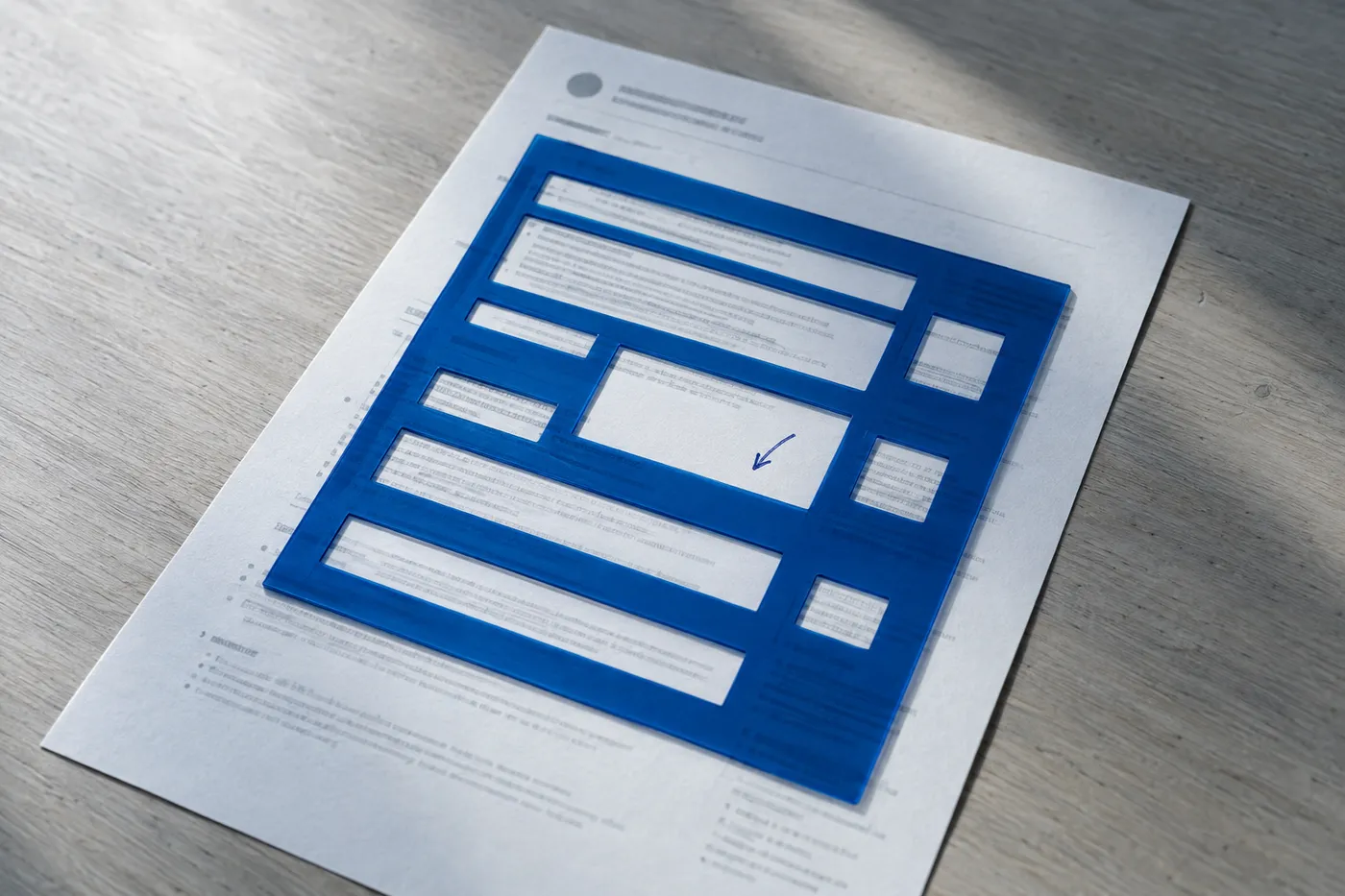 A blue stencil overlay placed on a resume reveals a blank gap in the text, illustrating a job requirement fit report.