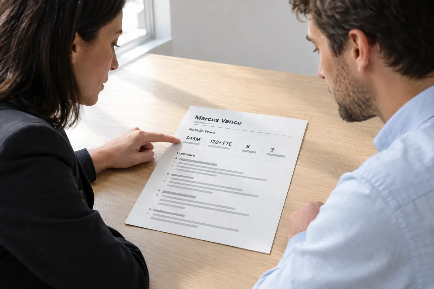 A candidate's resume on a table between two people, highlighting high-level portfolio metrics for a director role.