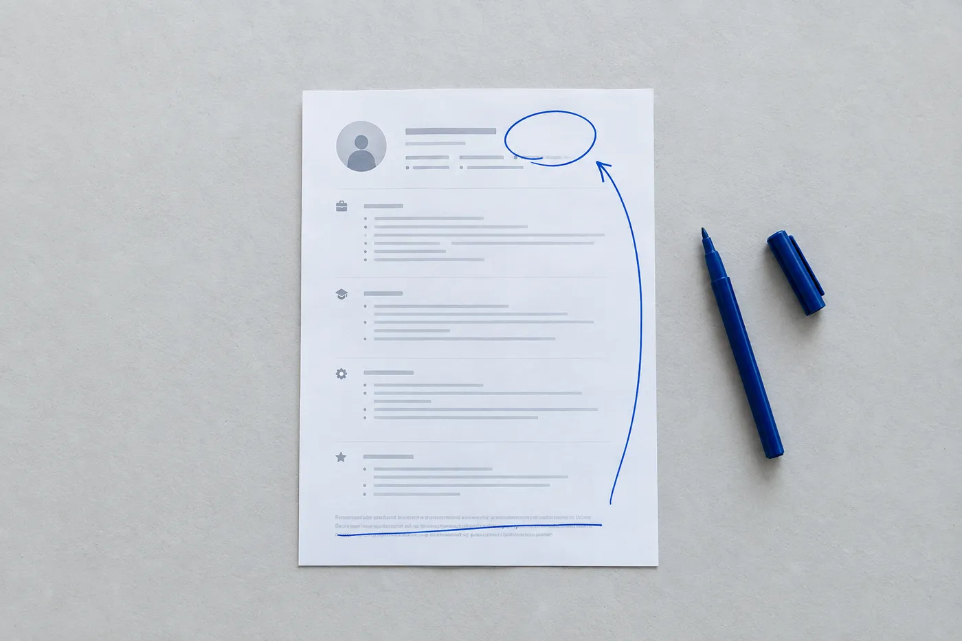 A resume flat-lay with a blue arrow moving a highlighted certification from the bottom list to the prominent top header.