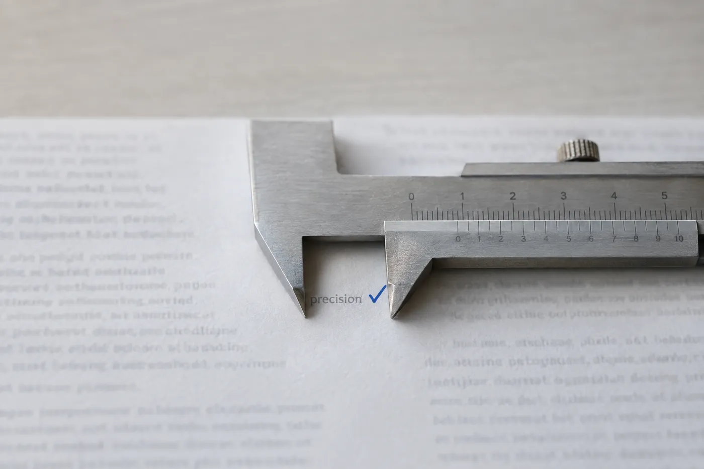 Steel calipers precisely measuring a single block of text on a printed resume, illustrating the need for exact keyword matches.