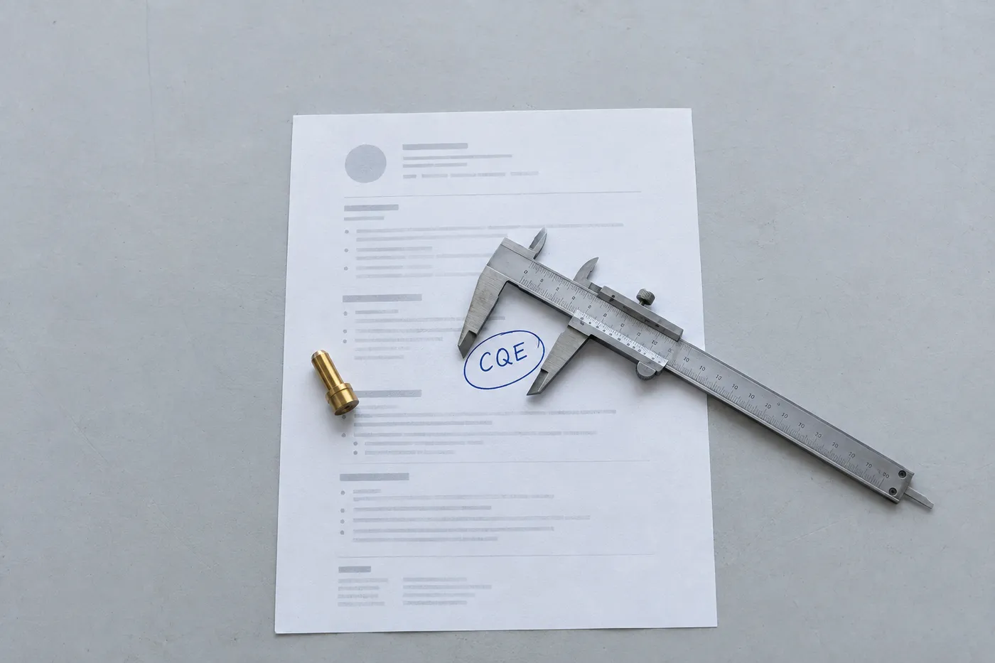 A steel caliper on a workbench precisely measures a hand-circled CQE certification on a quality engineer resume.