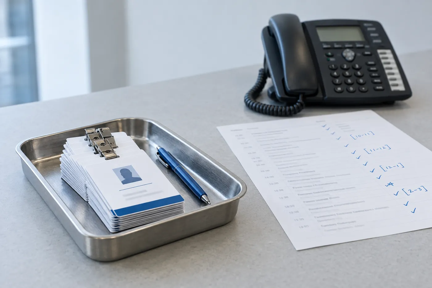 A visitor pass tray and pen on a desk, with an office phone and annotated schedule sheet softly blurred in the background.