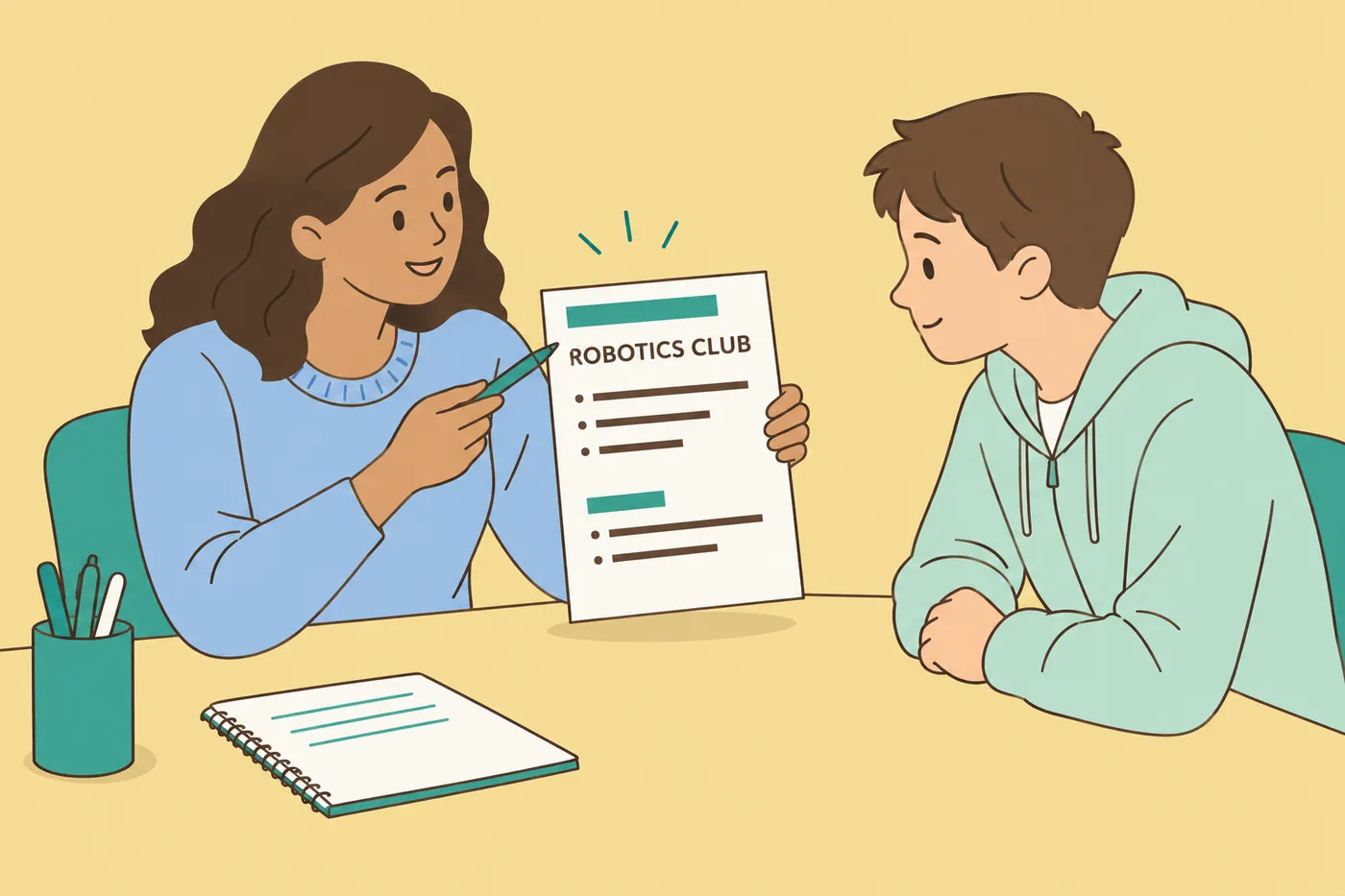 A career counselor helps a teenage student format his robotics club experience on a resume.