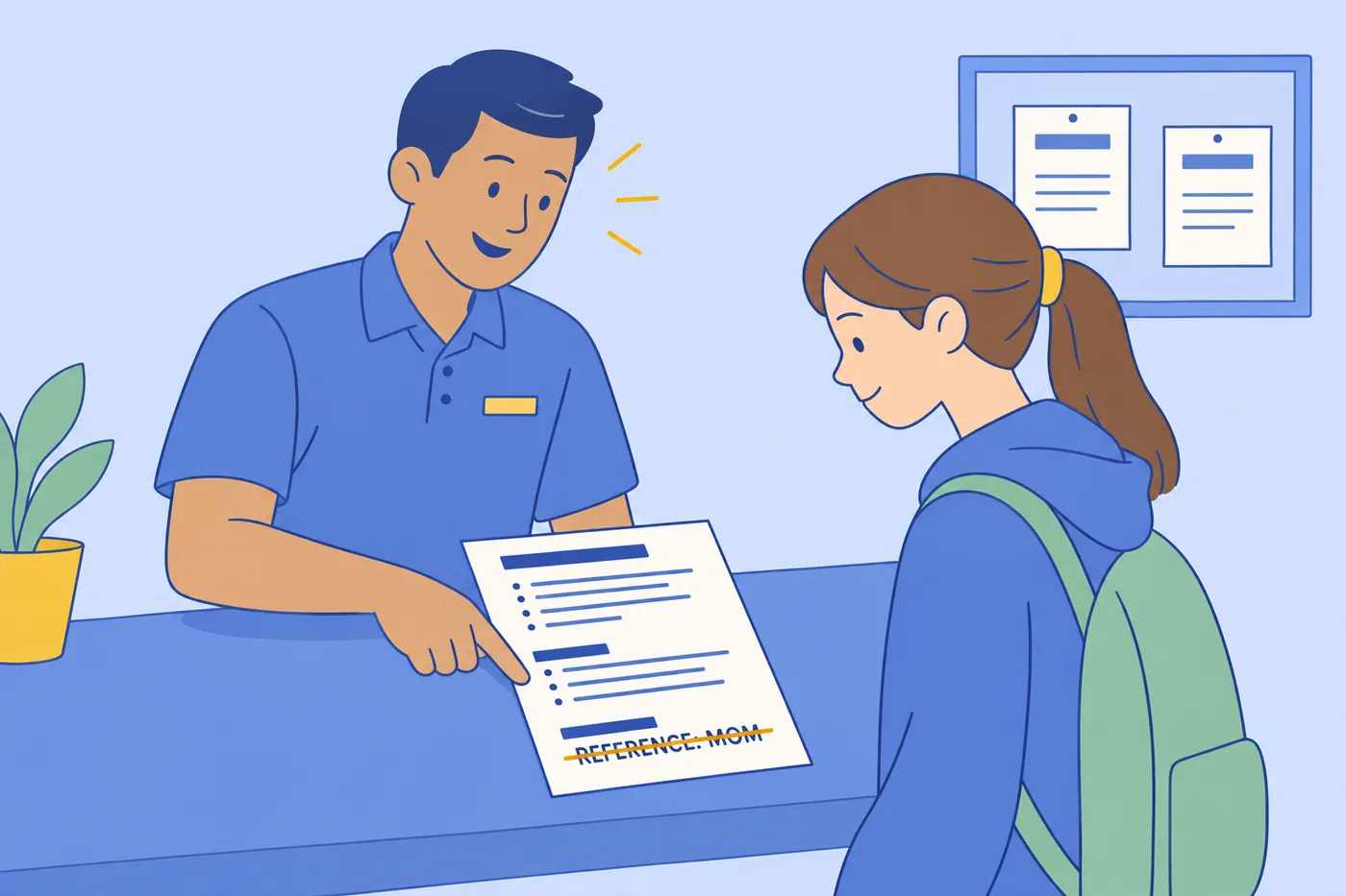 A hiring manager points to a crossed-out reference to Mom on a teenager's resume, showing what to leave off.
