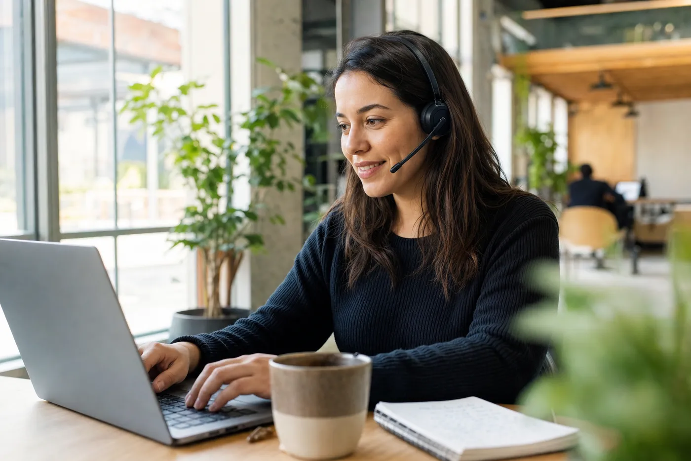 A customer service professional wearing a headset types at a sunlit desk, representing tailored support skills.