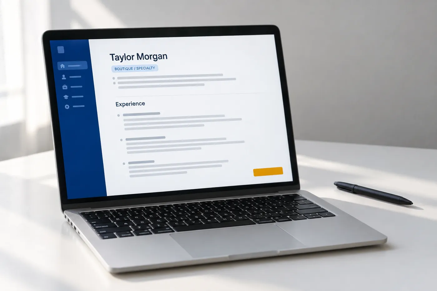 A laptop screen displaying a retail resume template with BOUTIQUE / SPECIALTY selected, showing how to tailor a resume.