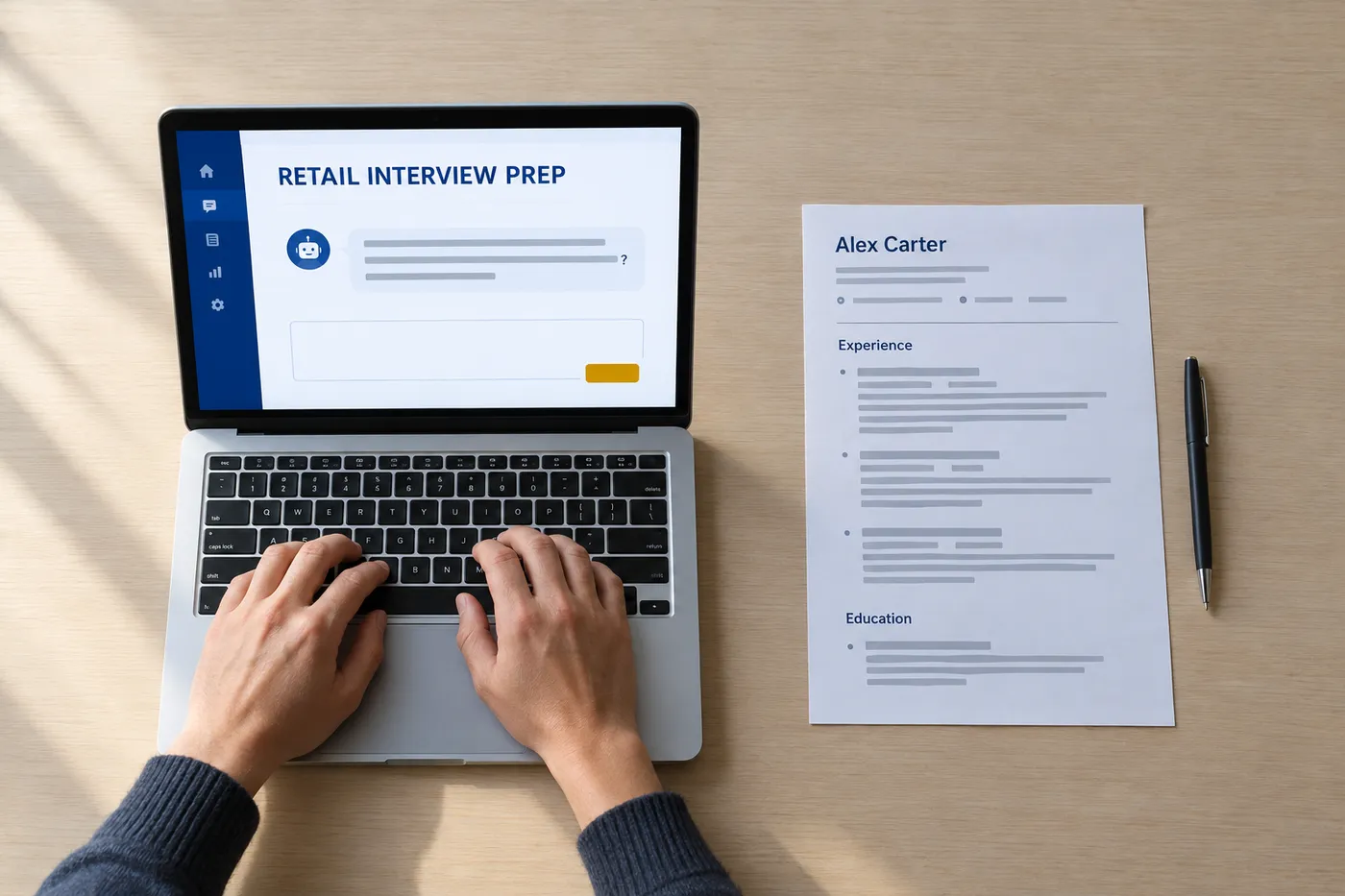 An open laptop displaying a retail interview prep tool next to a printed resume on a pale wooden desk.