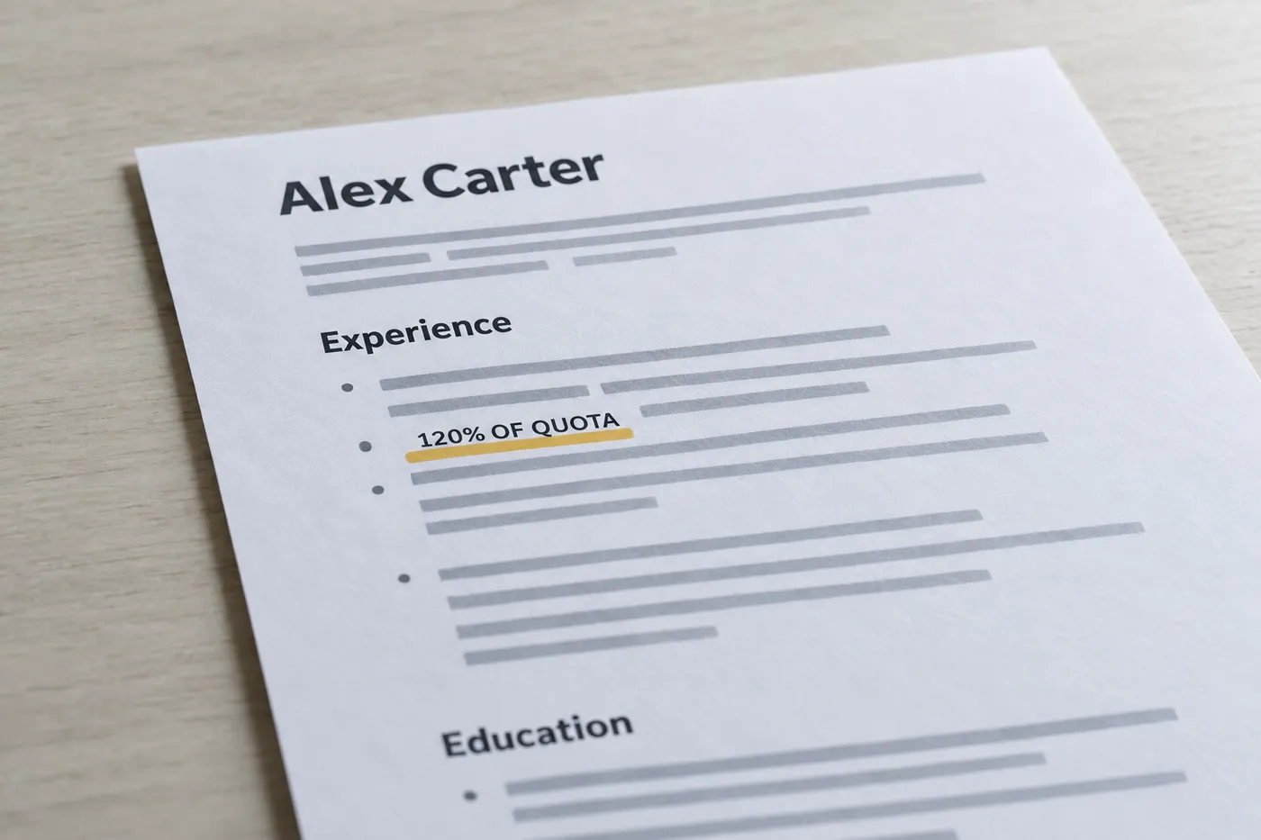 A close-up of a printed sales resume with grey text bars, highlighting the phrase 120% OF QUOTA on a pale wood desk.