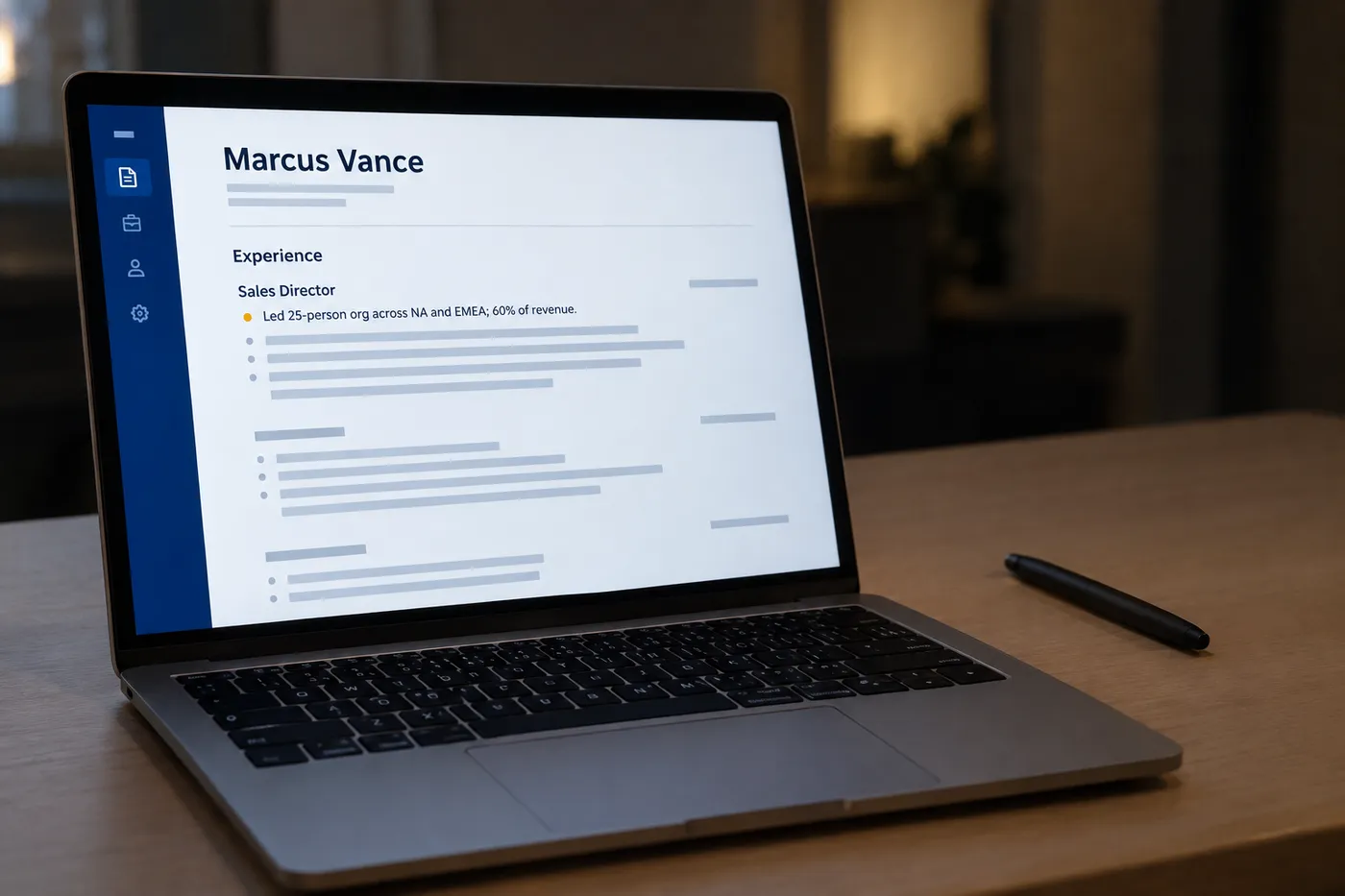 A sales director resume on a laptop screen highlighting geographic leadership metrics, for an executive resume guide.