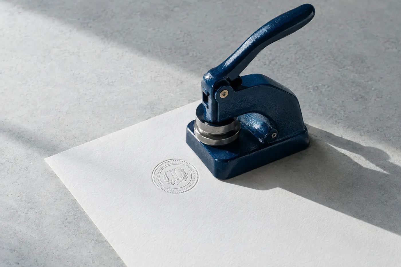 A heavy steel embossing press on white paper, showing a freshly stamped, raised circular seal representing certification.