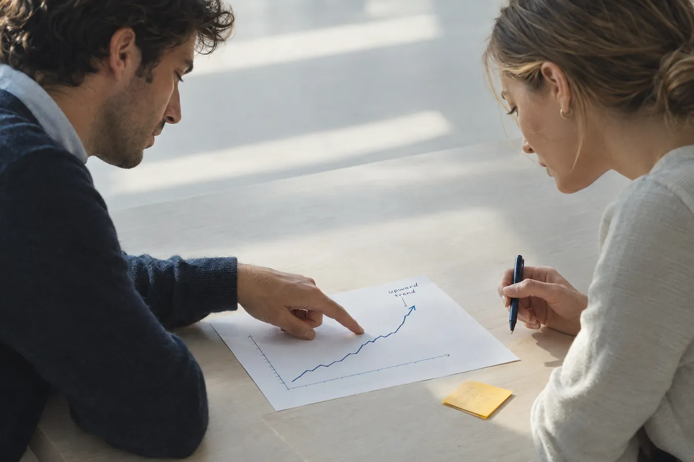A scrum master coaches a colleague over a hand-drawn velocity chart, illustrating team growth and performance.