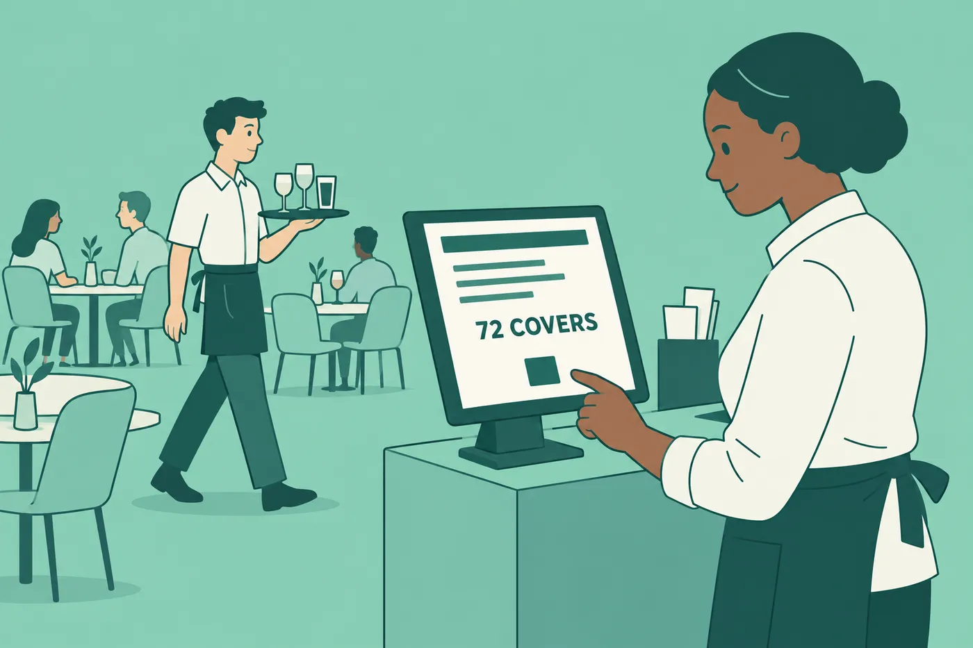 A restaurant server reviews her shift report showing '72 COVERS' on a POS screen, for a guide on server resume numbers.