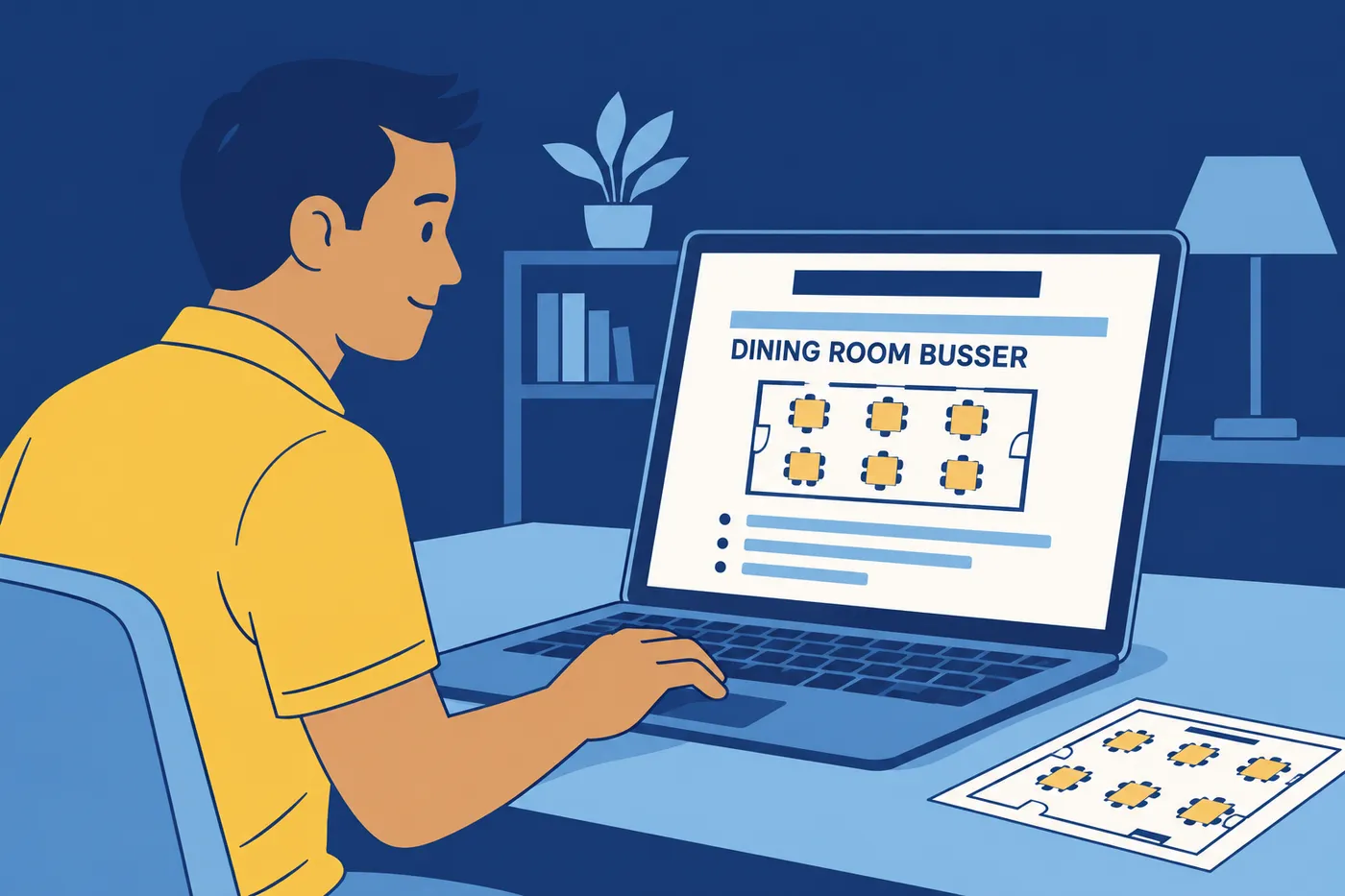 A man in his forties edits a resume on his laptop with the heading Dining Room Busser, highlighting transferable skills.