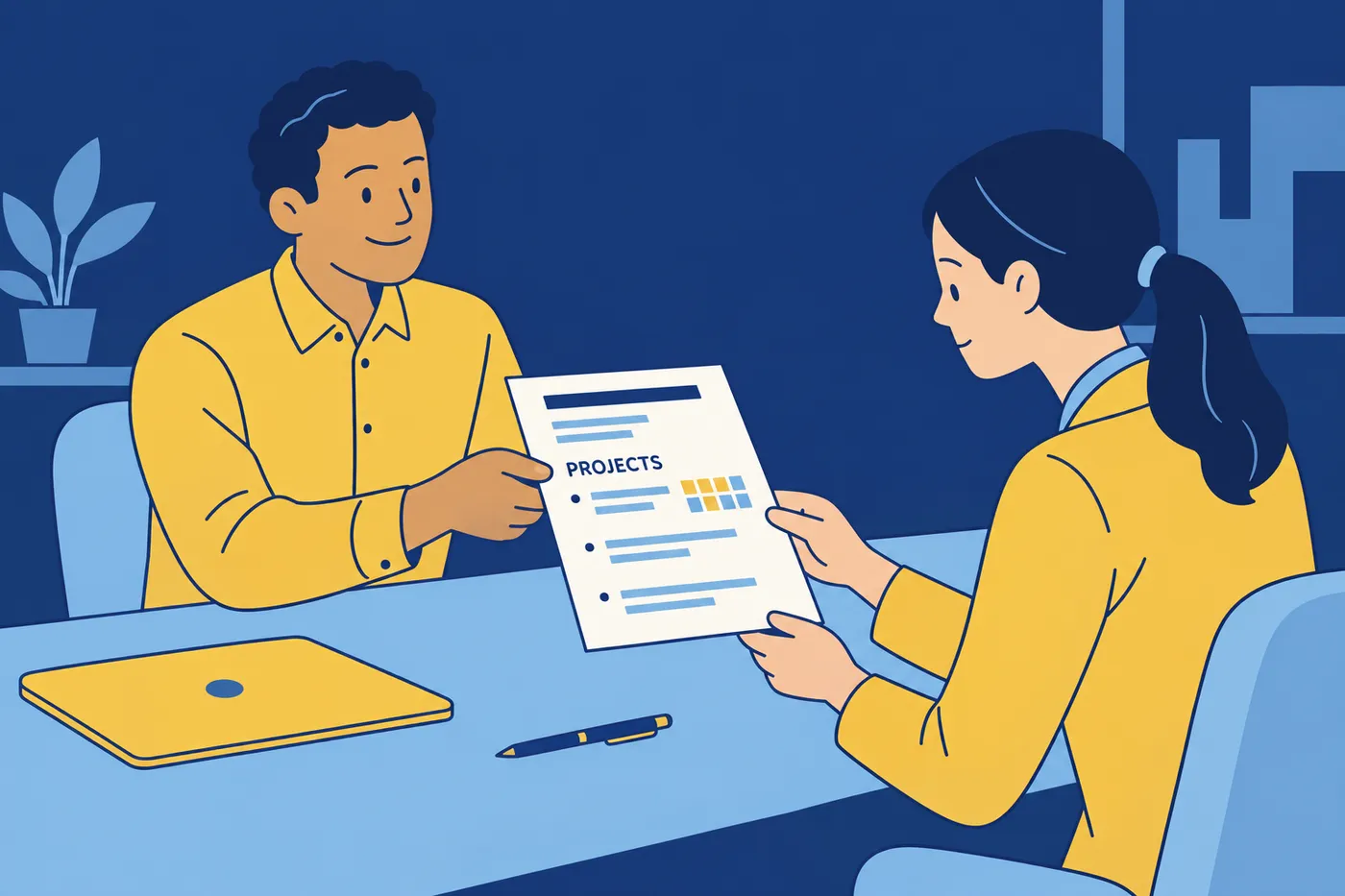 A candidate hands a resume highlighting a projects section to a hiring manager, for an article on GitHub and open source.