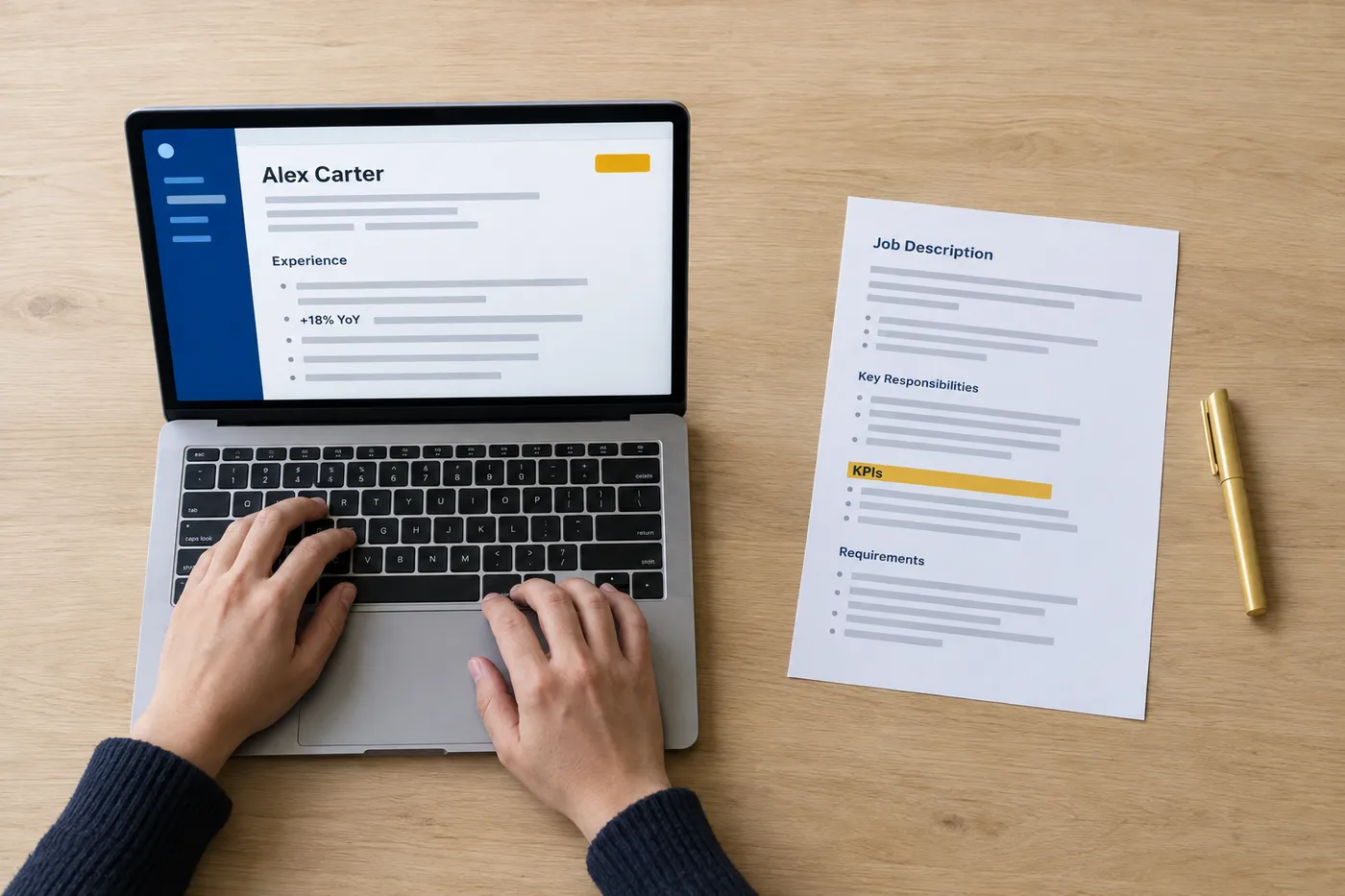 A laptop screen showing a resume with '+18% YoY' next to a printed job description highlighting 'KPIs', illustrating retail resume metrics.