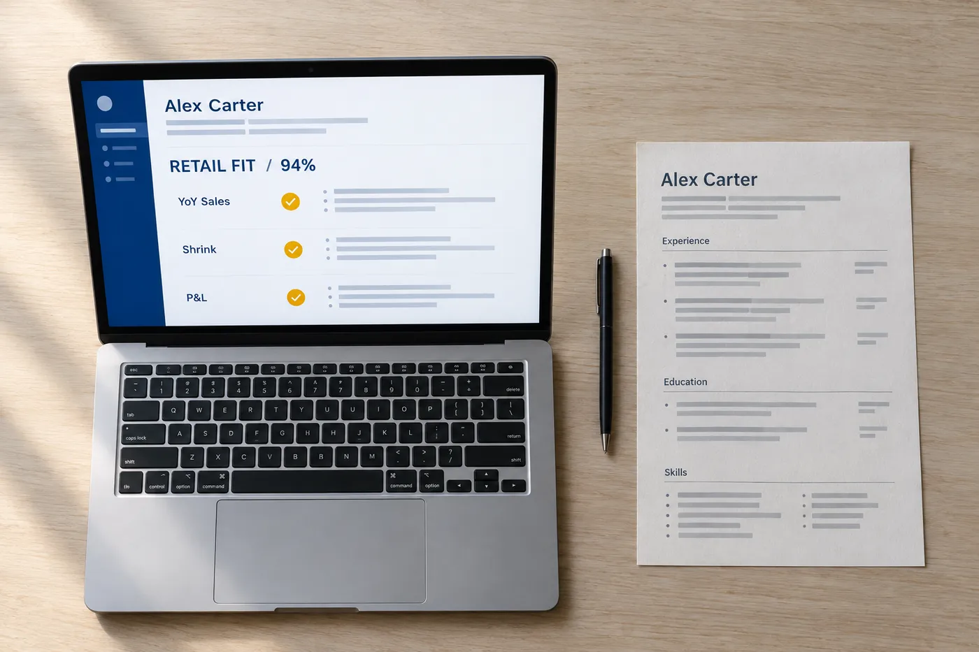 A laptop displaying a retail fit report next to a printed resume on a pale wooden desk, illustrating keyword matching.