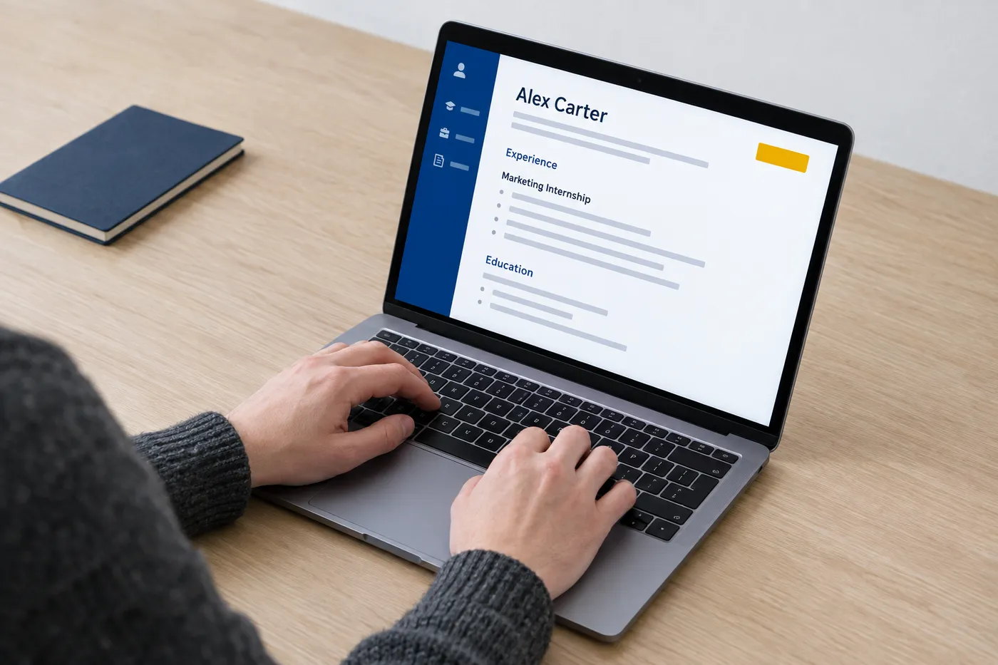 A student resume draft on a laptop screen showing a marketing internship placed at the very top of the experience section.