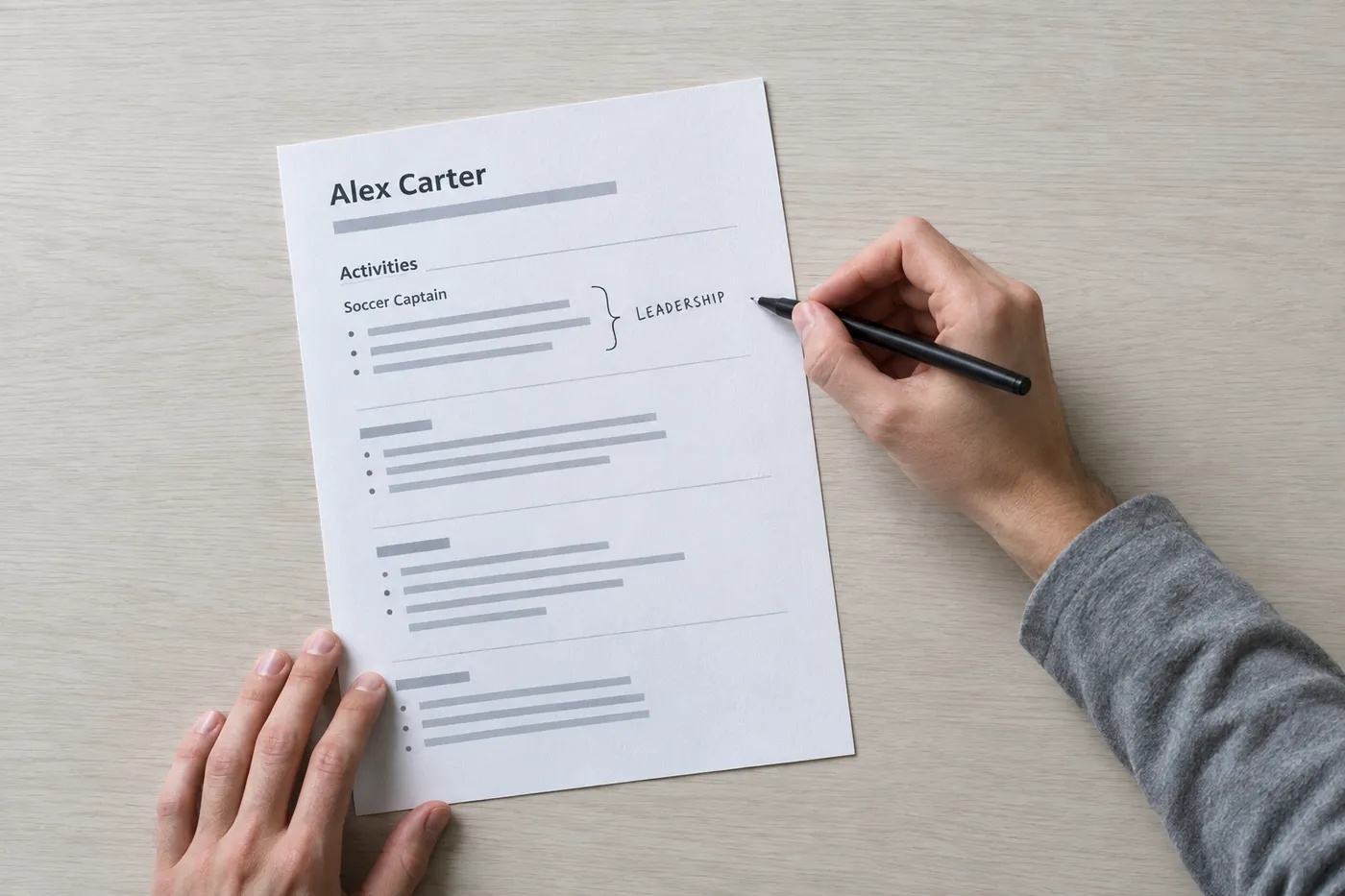 A hand annotating a student resume, mapping a soccer captain role to leadership skills, for a guide on translating activities.