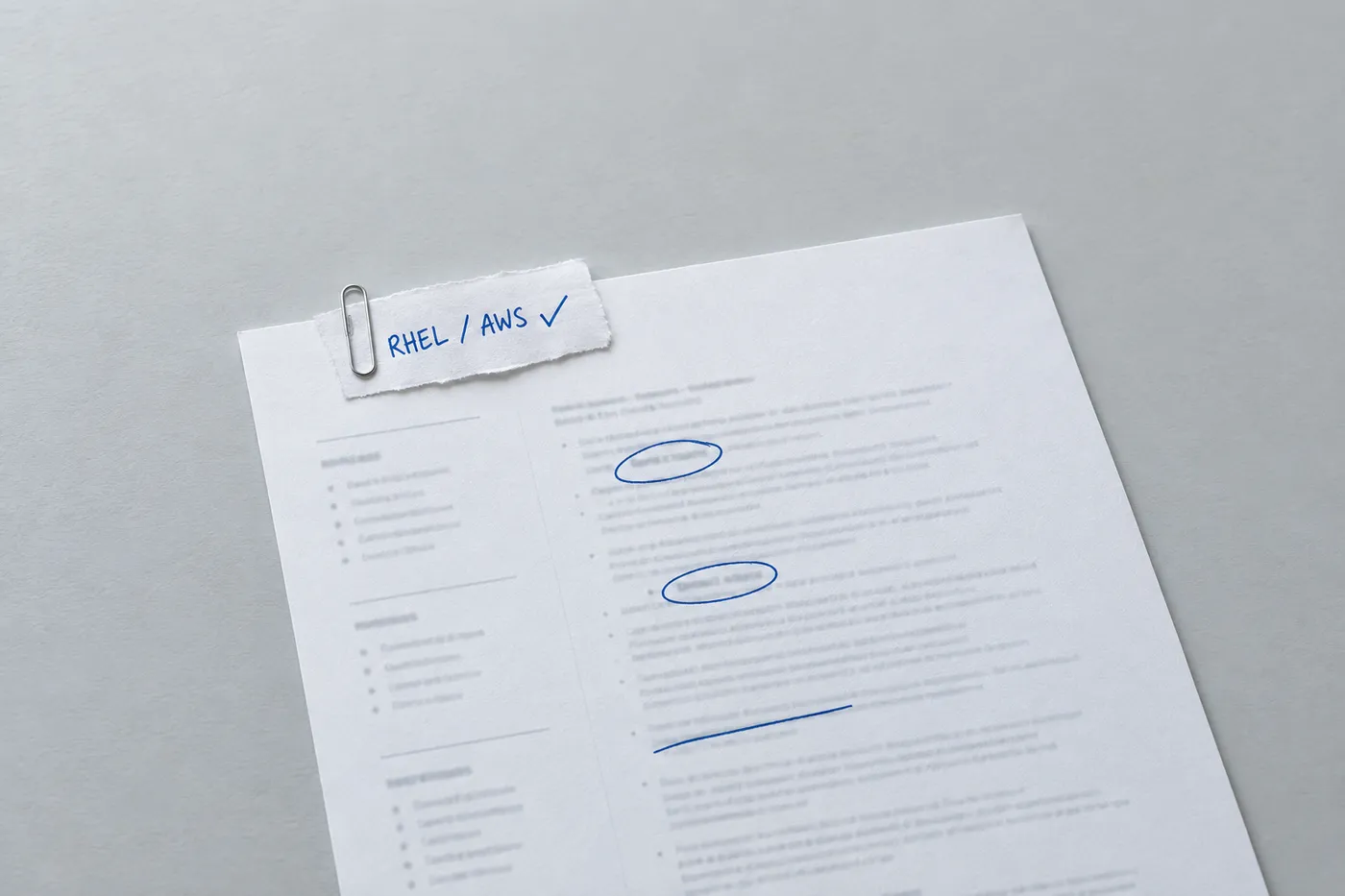 A sysadmin resume with 'RHEL / AWS' handwritten on a paperclipped note, showing how recruiters screen for environment match.