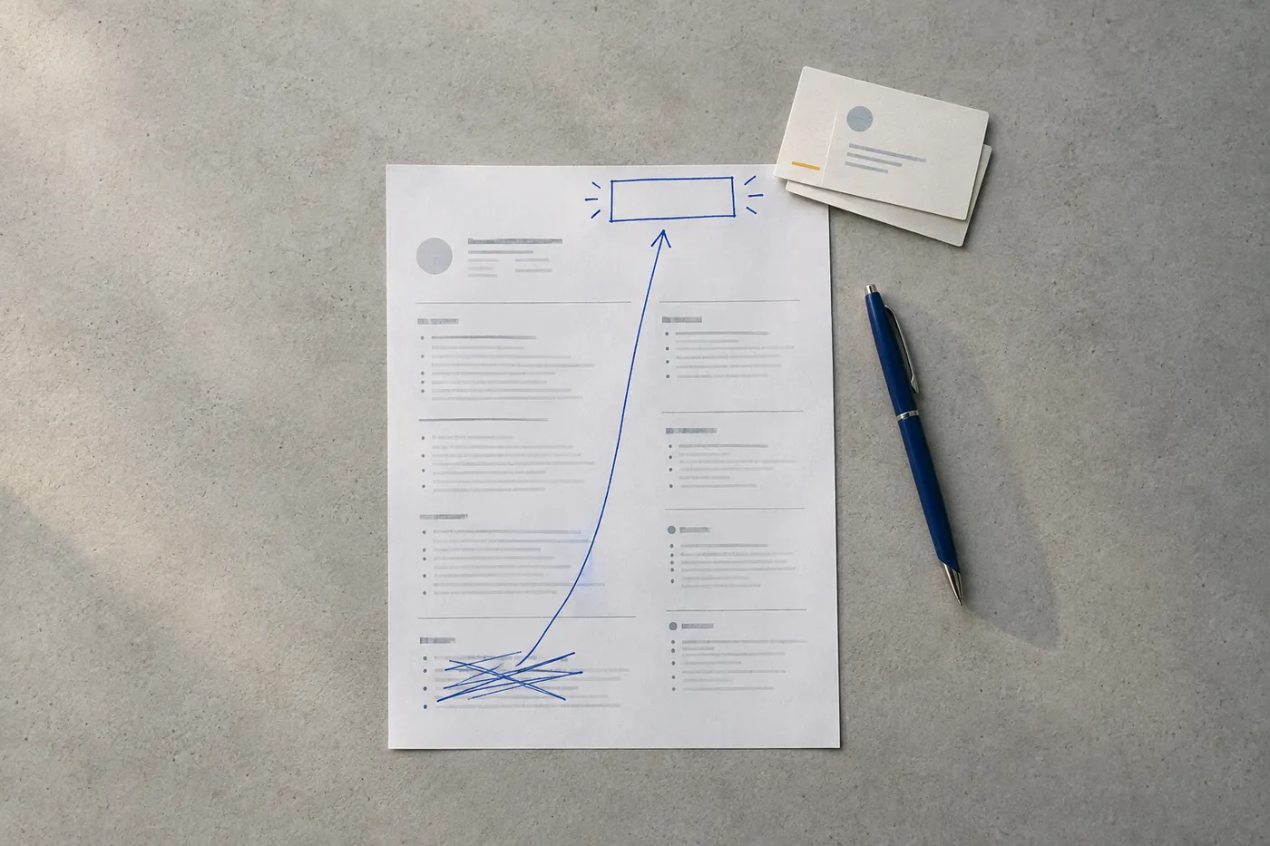 A flat lay of a resume with a blue ink arrow showing certifications being moved from the bottom to the top header.