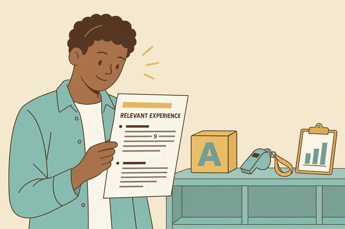 A job seeker holds a resume highlighting relevant experience next to a toy block, whistle, and progress chart.
